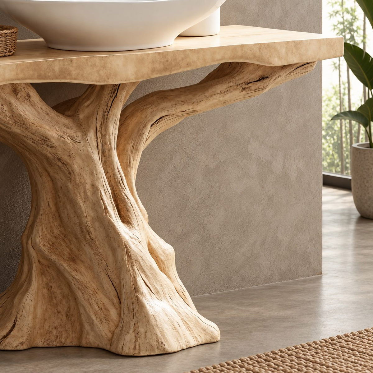 Sculpted Trunk Bathroom Vanity 30-80 Inch, Single Driftwood Pedestal Base with Thick Live Edge Top