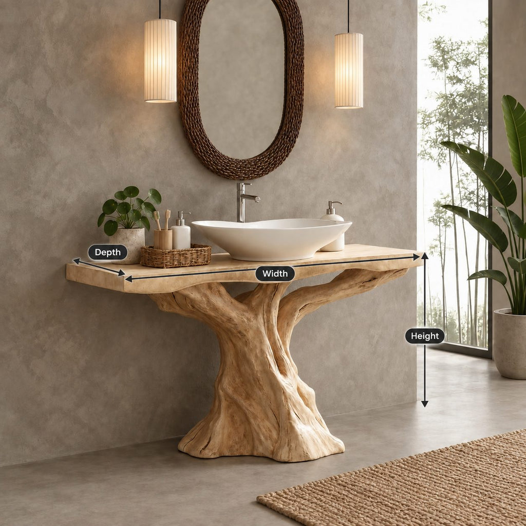 Sculpted Trunk Bathroom Vanity 30-80 Inch, Single Driftwood Pedestal Base with Thick Live Edge Top
