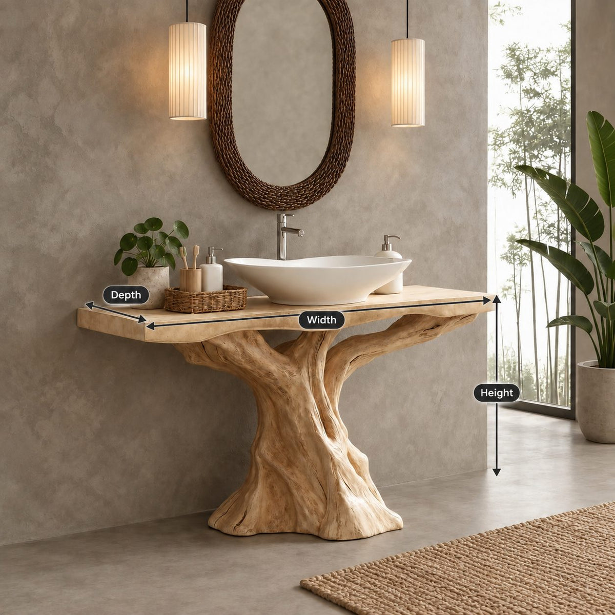Sculpted Trunk Bathroom Vanity 30-80 Inch, Single Driftwood Pedestal Base with Thick Live Edge Top
