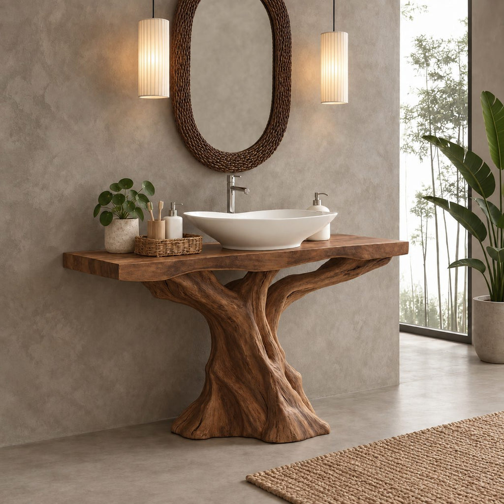 Sculpted Trunk Bathroom Vanity 30-80 Inch, Single Driftwood Pedestal Base with Thick Live Edge Top