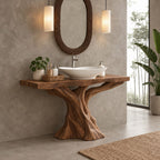 Sculpted Trunk Bathroom Vanity 30-80 Inch, Single Driftwood Pedestal Base with Thick Live Edge Top