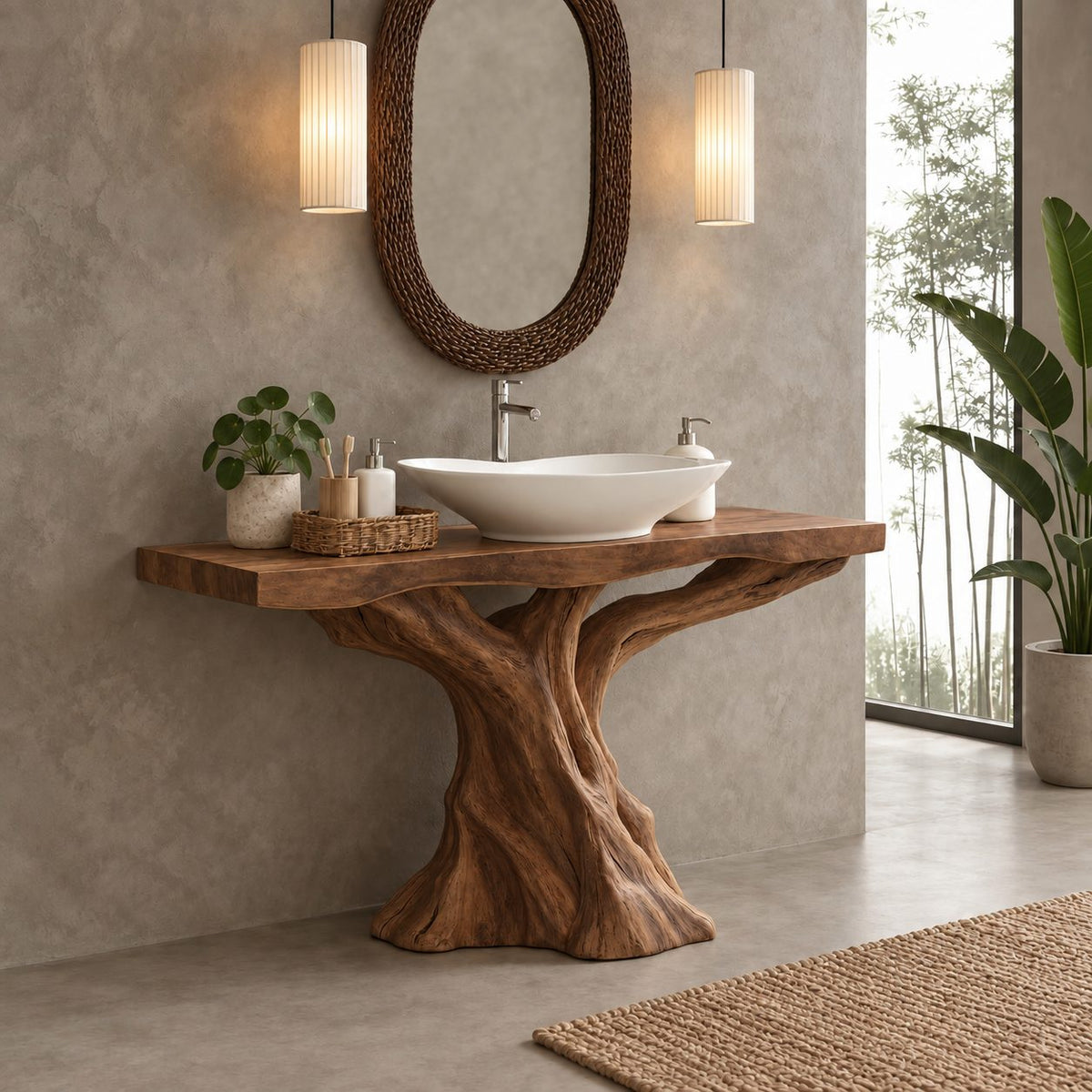 Sculpted Trunk Bathroom Vanity 30-80 Inch, Single Driftwood Pedestal Base with Thick Live Edge Top