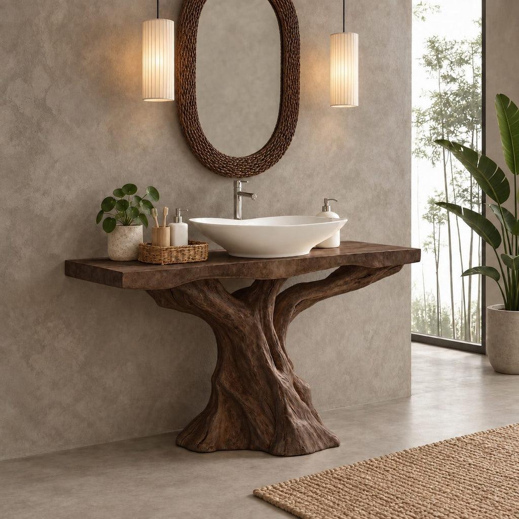 Sculpted Trunk Bathroom Vanity 30-80 Inch, Single Driftwood Pedestal Base with Thick Live Edge Top