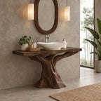 Sculpted Trunk Bathroom Vanity 30-80 Inch, Single Driftwood Pedestal Base with Thick Live Edge Top