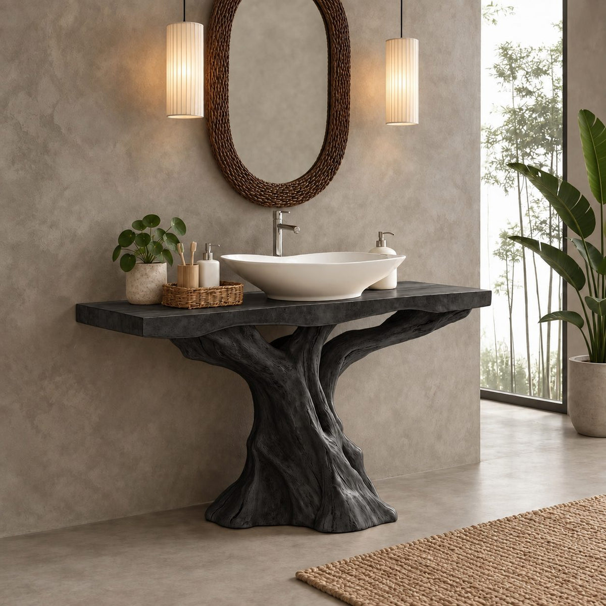 Sculpted Trunk Bathroom Vanity 30-80 Inch, Single Driftwood Pedestal Base with Thick Live Edge Top