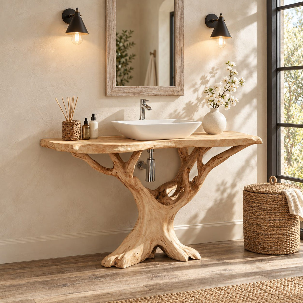 Branching Tree Bathroom Vanity 30-80 Inch, Openwork Root Base Under a Thin Live Edge Vanity Top