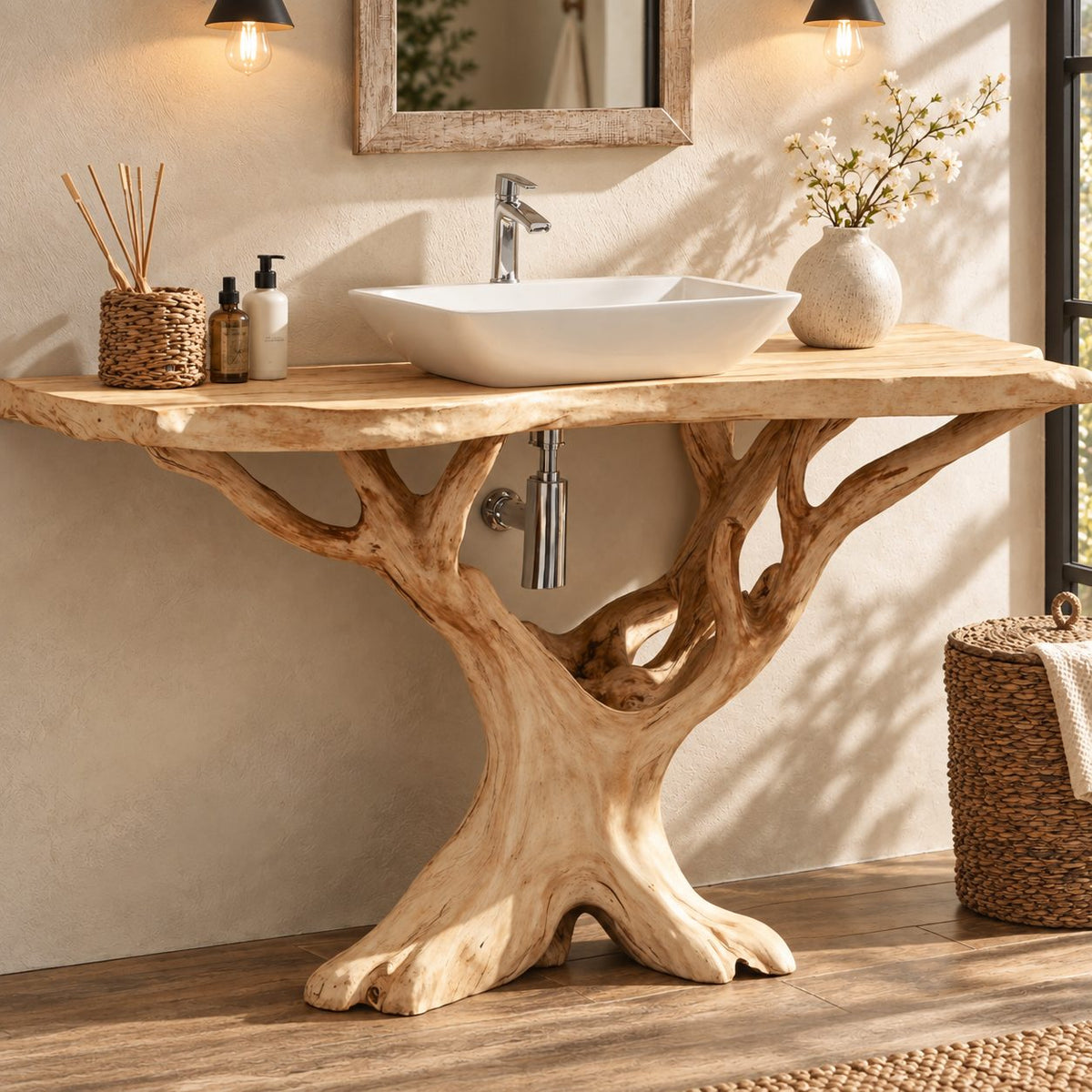 Branching Tree Bathroom Vanity 30-80 Inch, Openwork Root Base Under a Thin Live Edge Vanity Top