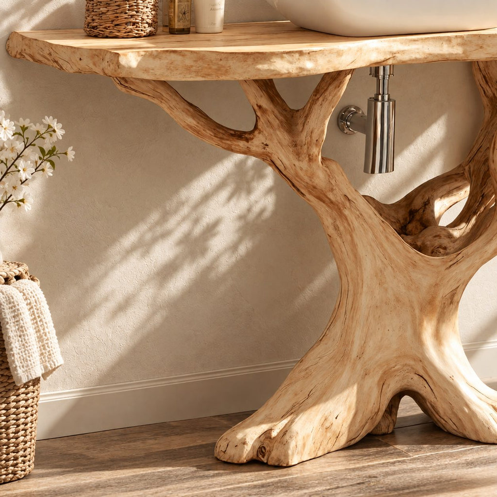 Branching Tree Bathroom Vanity 30-80 Inch, Openwork Root Base Under a Thin Live Edge Vanity Top