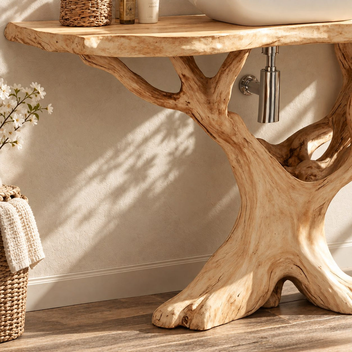 Branching Tree Bathroom Vanity 30-80 Inch, Openwork Root Base Under a Thin Live Edge Vanity Top