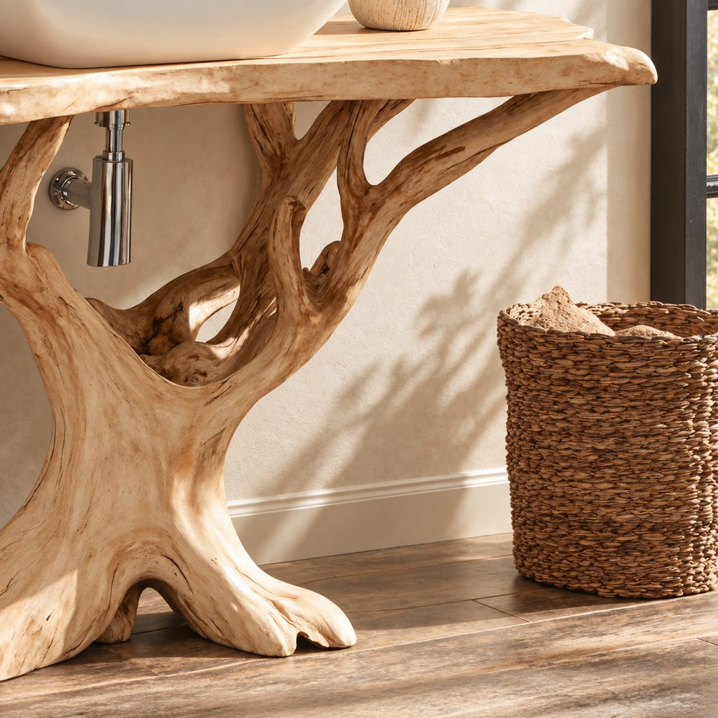 Branching Tree Bathroom Vanity 30-80 Inch, Openwork Root Base Under a Thin Live Edge Vanity Top