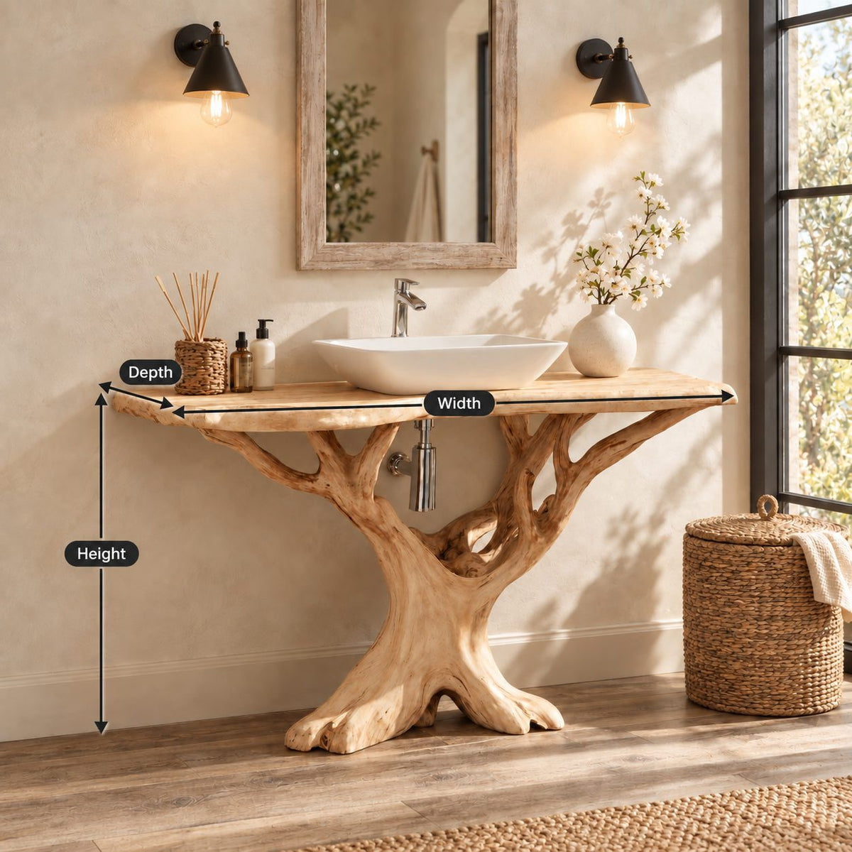 Branching Tree Bathroom Vanity 30-80 Inch, Openwork Root Base Under a Thin Live Edge Vanity Top