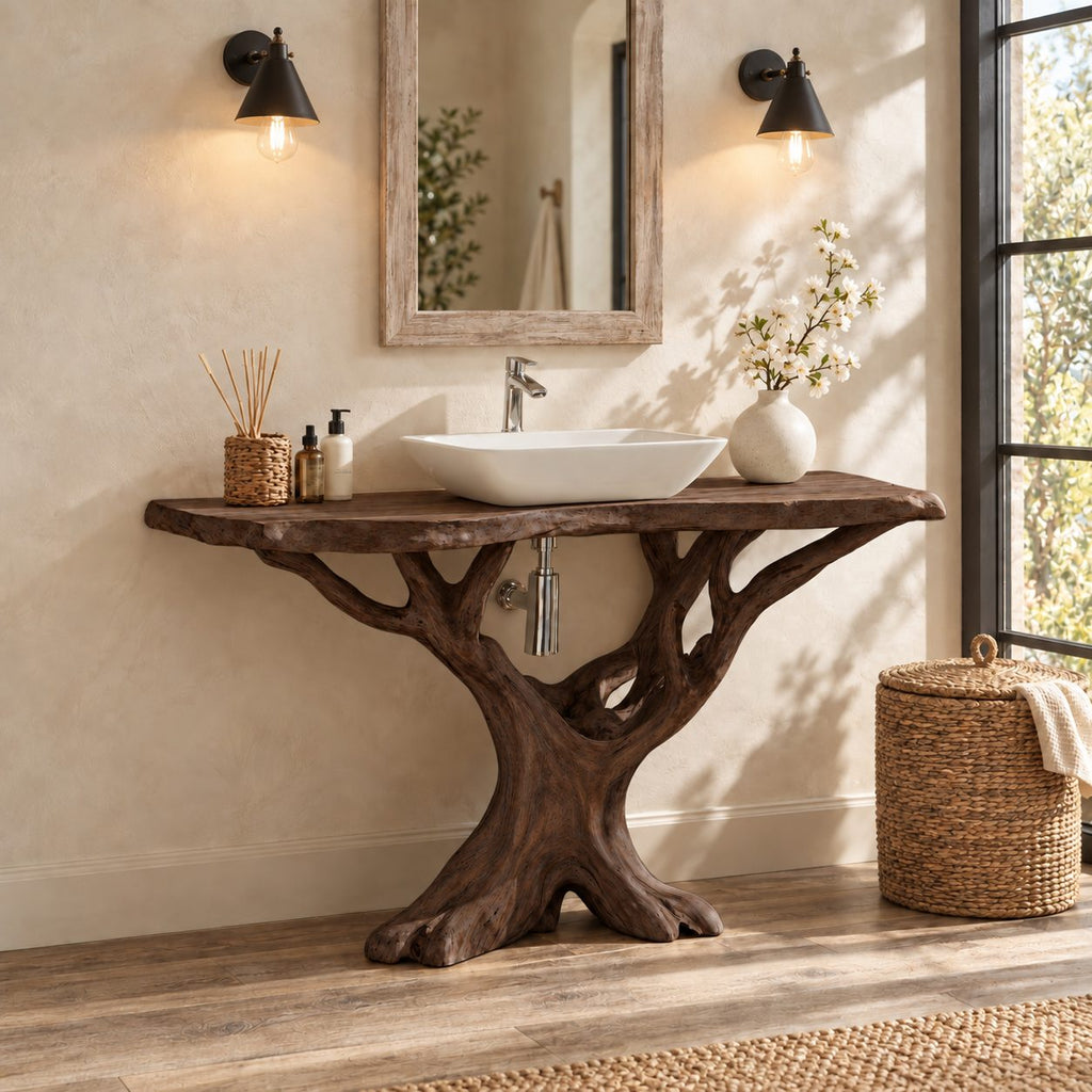 Branching Tree Bathroom Vanity 30-80 Inch, Openwork Root Base Under a Thin Live Edge Vanity Top
