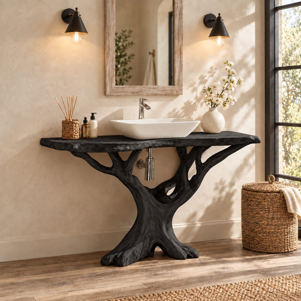 Branching Tree Bathroom Vanity 30-80 Inch, Openwork Root Base Under a Thin Live Edge Vanity Top