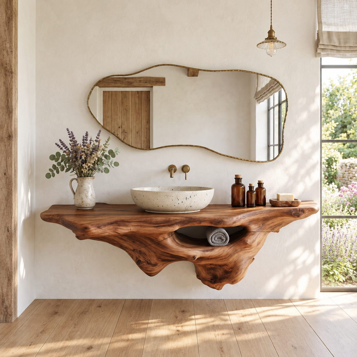 Live Edge Floating Vanity 20-60 Inch, Sculptural Driftwood Wall Vanity with Open Towel Niche