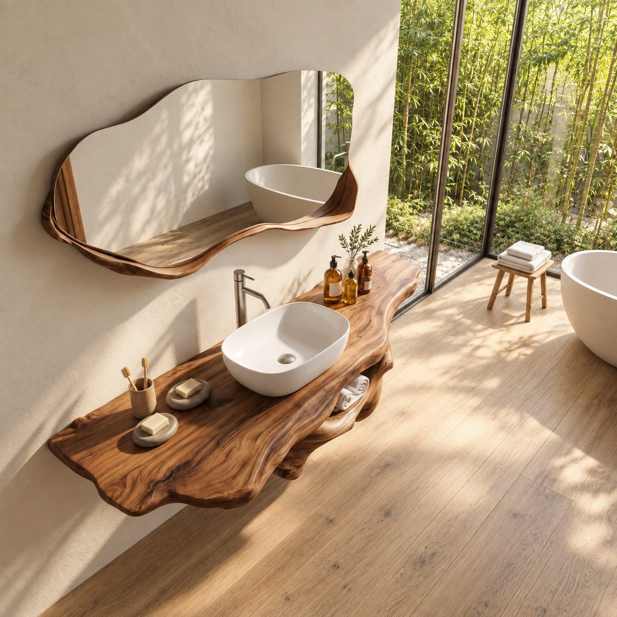 Live Edge Floating Vanity 20-60 Inch, Sculptural Driftwood Wall Vanity with Open Towel Niche