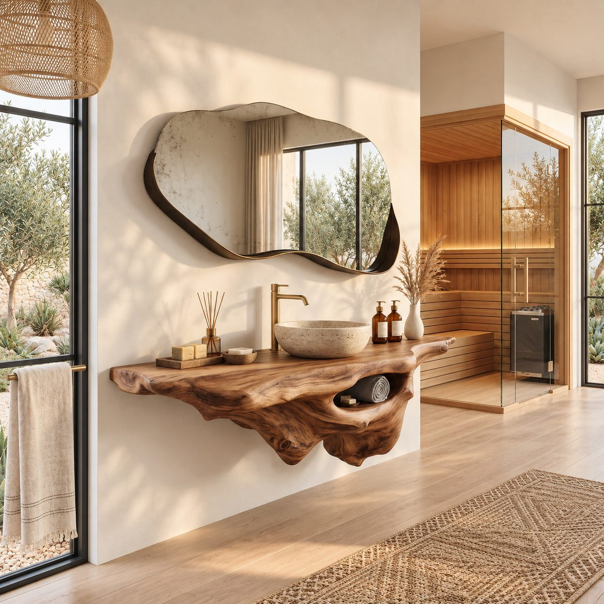 Live Edge Floating Vanity 20-60 Inch, Sculptural Driftwood Wall Vanity with Open Towel Niche