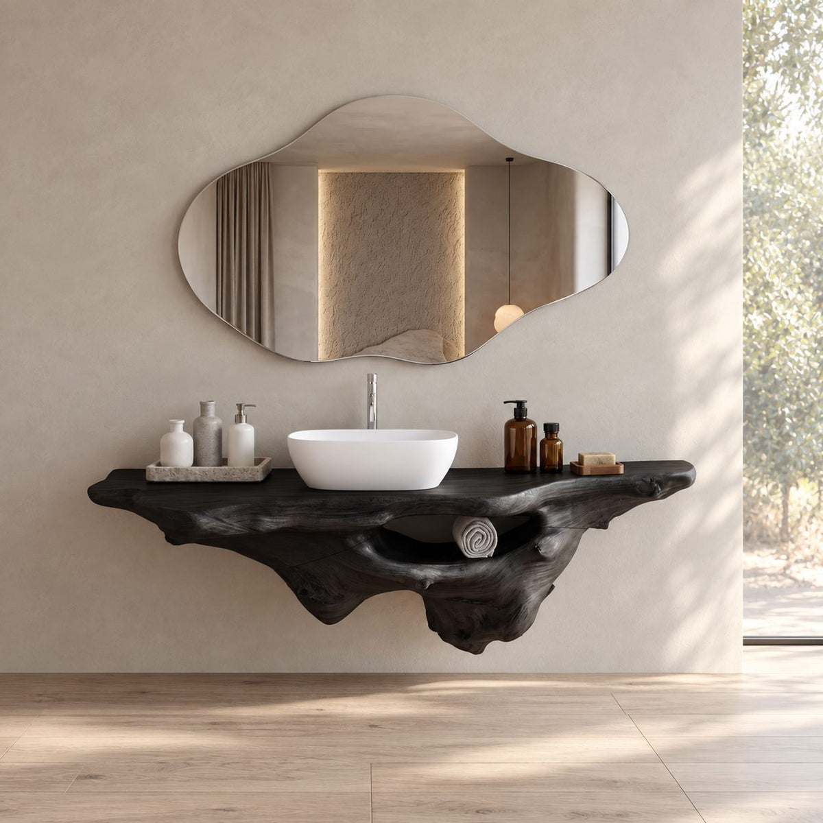 Live Edge Floating Vanity 20-60 Inch, Sculptural Driftwood Wall Vanity with Open Towel Niche