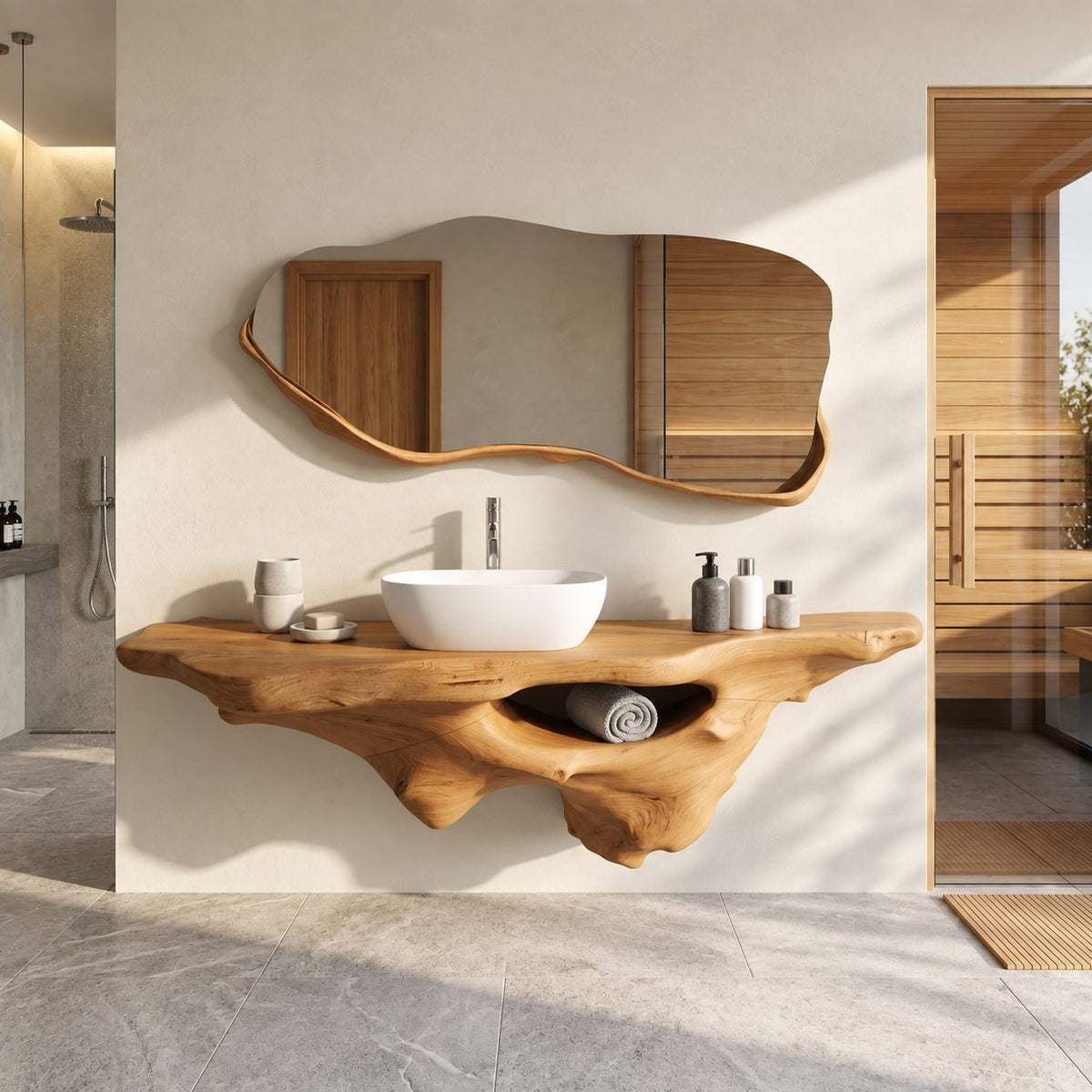 Live Edge Floating Vanity 20-60 Inch, Sculptural Driftwood Wall Vanity with Open Towel Niche