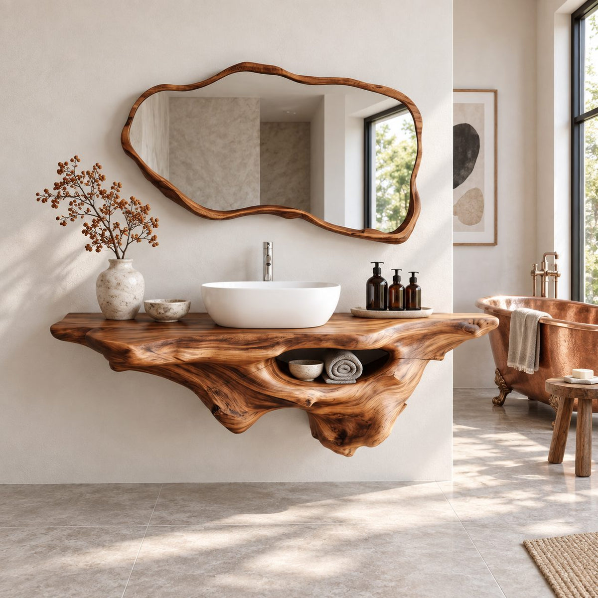 Live Edge Floating Vanity 20-60 Inch, Sculptural Driftwood Wall Vanity with Open Towel Niche