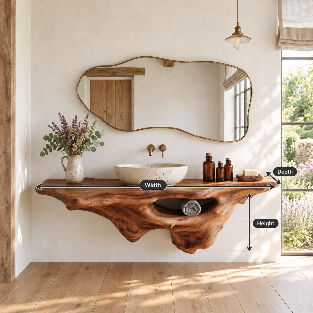 Live Edge Floating Vanity 20-60 Inch, Sculptural Driftwood Wall Vanity with Open Towel Niche