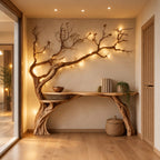 Tree Branch Console Table, Live Edge Entryway Table with Driftwood Trunk Rising Up the Wall