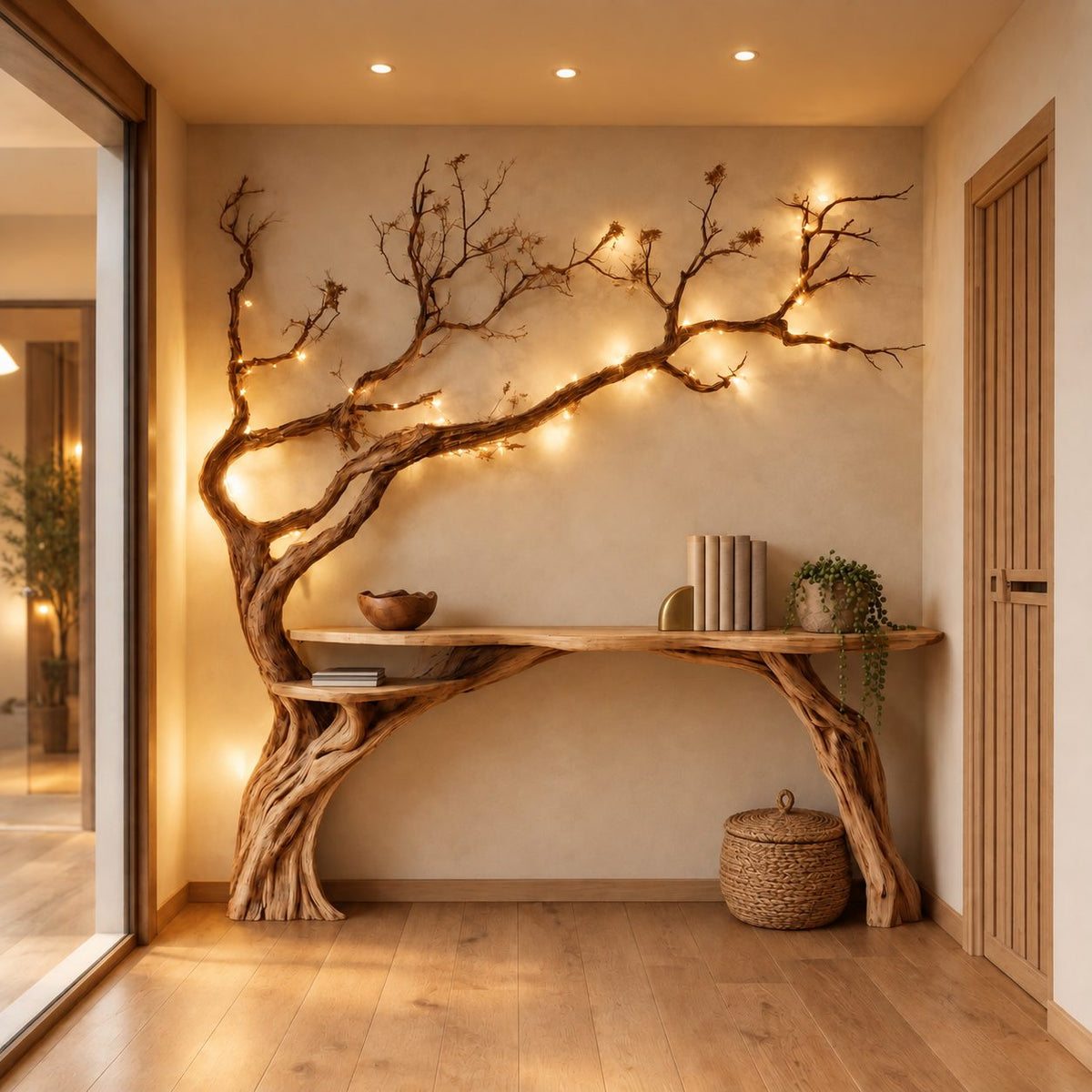 Tree Branch Console Table, Live Edge Entryway Table with Driftwood Trunk Rising Up the Wall