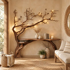 Tree Branch Console Table, Live Edge Entryway Table with Driftwood Trunk Rising Up the Wall