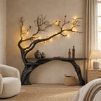Tree Branch Console Table, Live Edge Entryway Table with Driftwood Trunk Rising Up the Wall