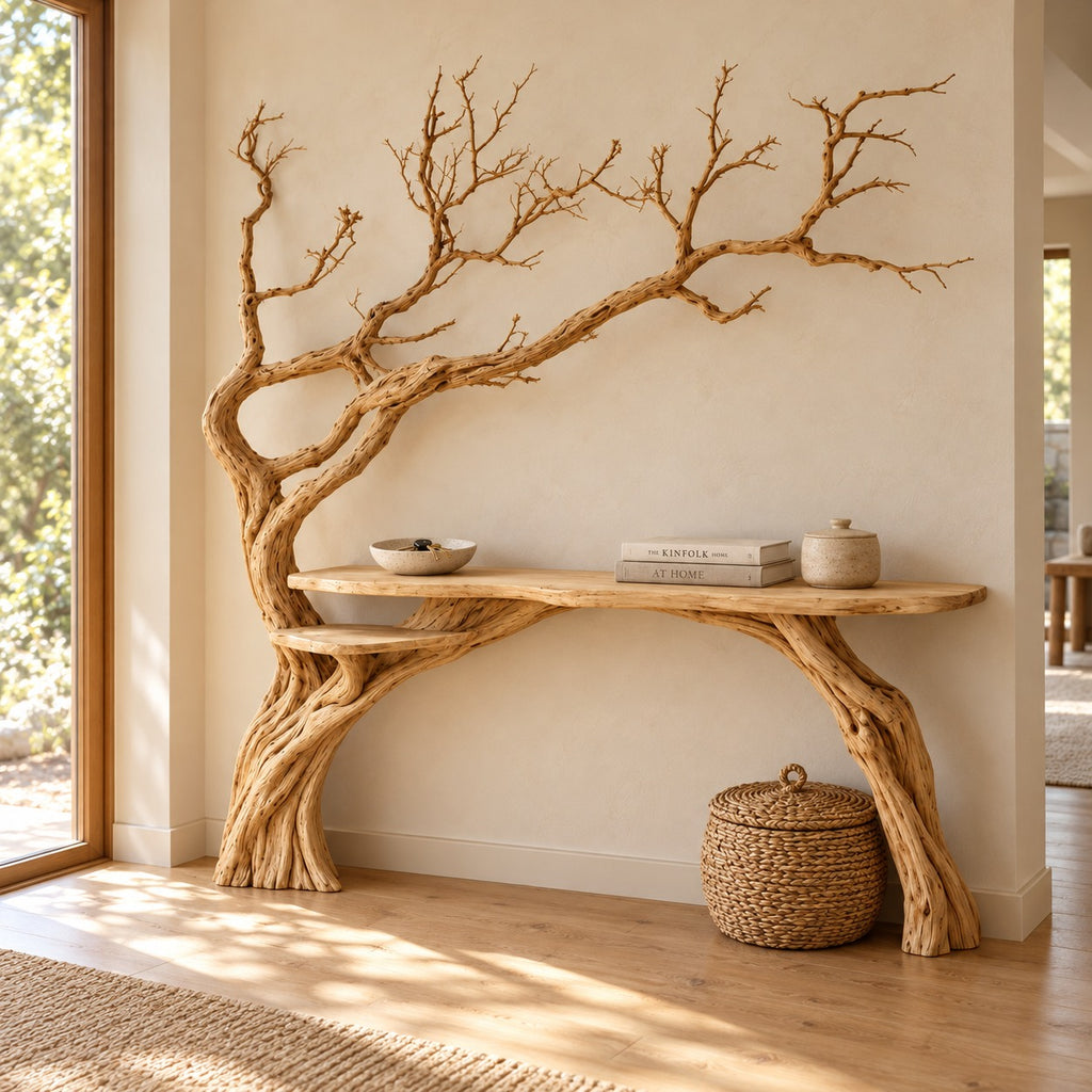 Organic Driftwood Console Table With Branch Climbing The Wall For Entryway - Oak