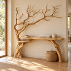 Organic Driftwood Console Table With Branch Climbing The Wall For Entryway - Oak