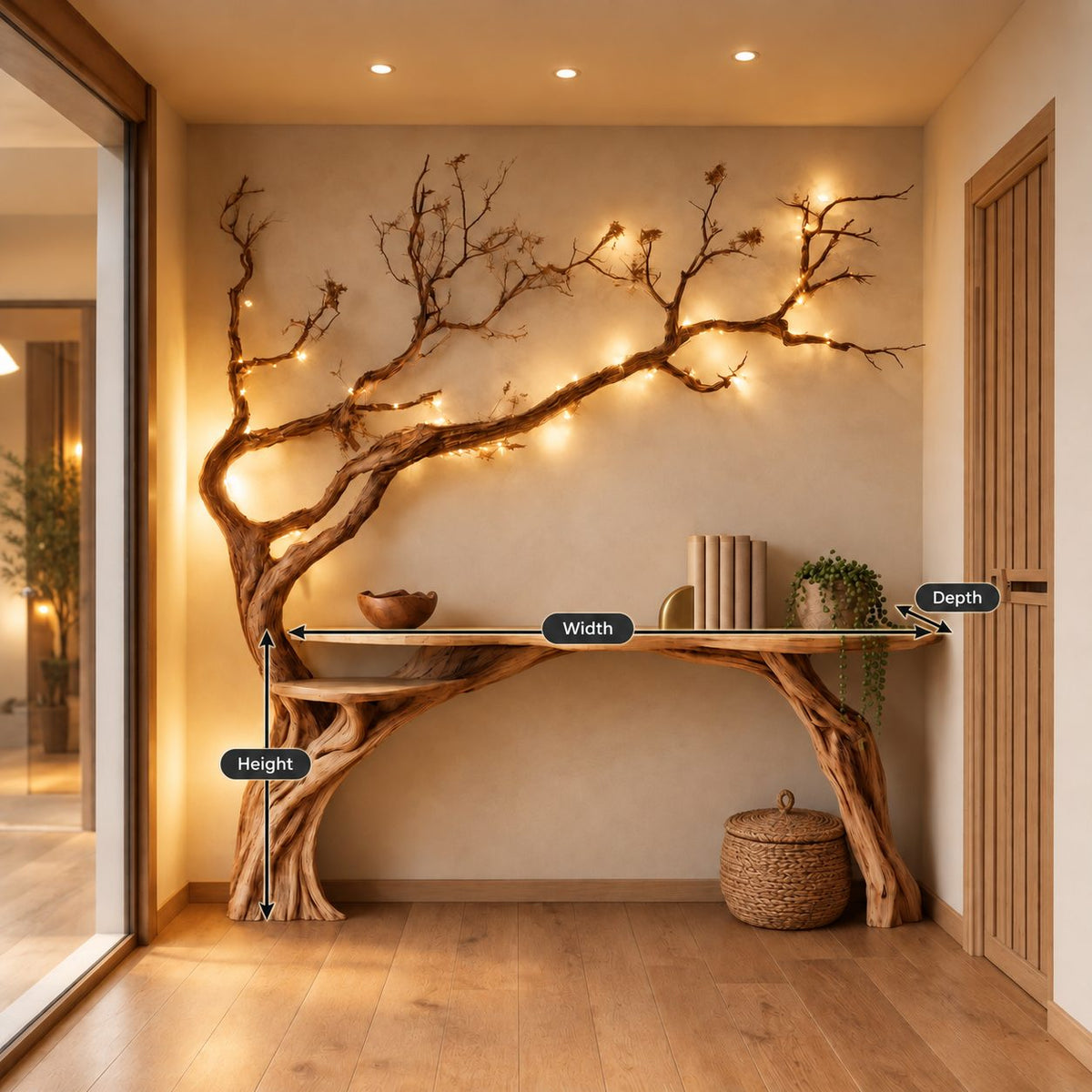 Tree Branch Console Table, Live Edge Entryway Table with Driftwood Trunk Rising Up the Wall