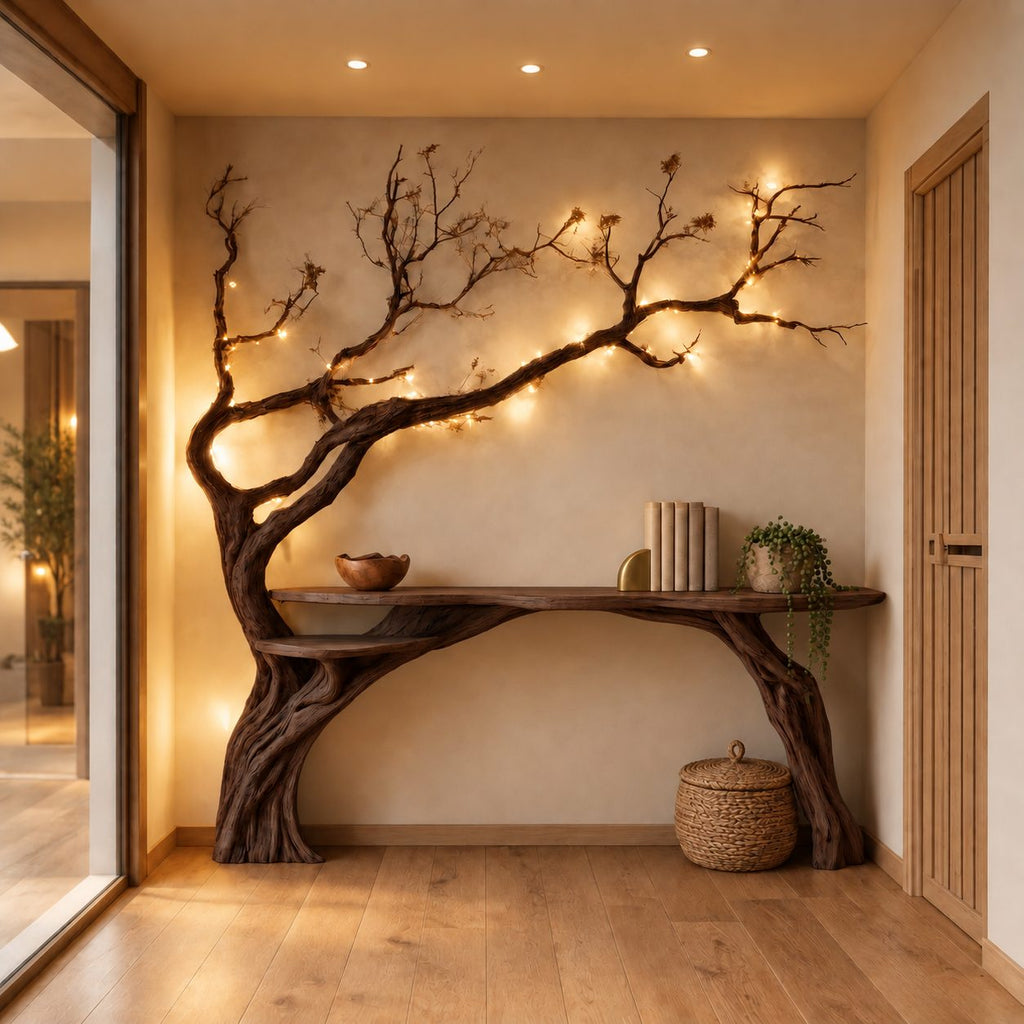 Tree Branch Console Table, Live Edge Entryway Table with Driftwood Trunk Rising Up the Wall
