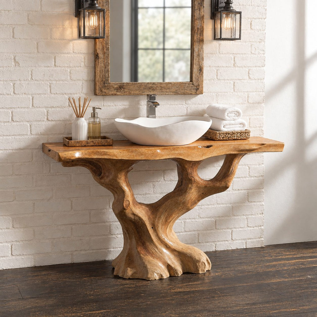 S-Curve Trunk Bathroom Vanity 30-80 Inch, Leaning Driftwood Base with Two Branch Arms, Live Edge Top