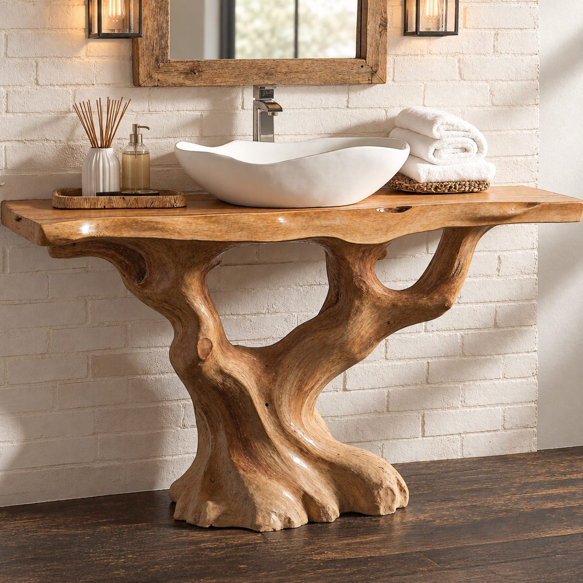S-Curve Trunk Bathroom Vanity 30-80 Inch, Leaning Driftwood Base with Two Branch Arms, Live Edge Top