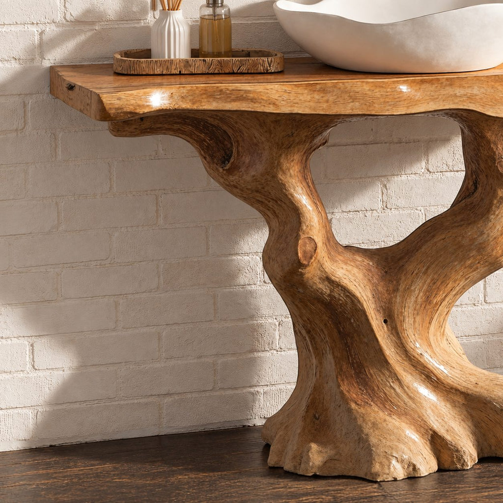 S-Curve Trunk Bathroom Vanity 30-80 Inch, Leaning Driftwood Base with Two Branch Arms, Live Edge Top