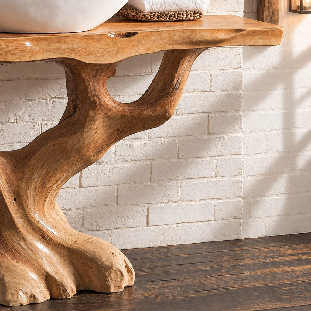 S-Curve Trunk Bathroom Vanity 30-80 Inch, Leaning Driftwood Base with Two Branch Arms, Live Edge Top