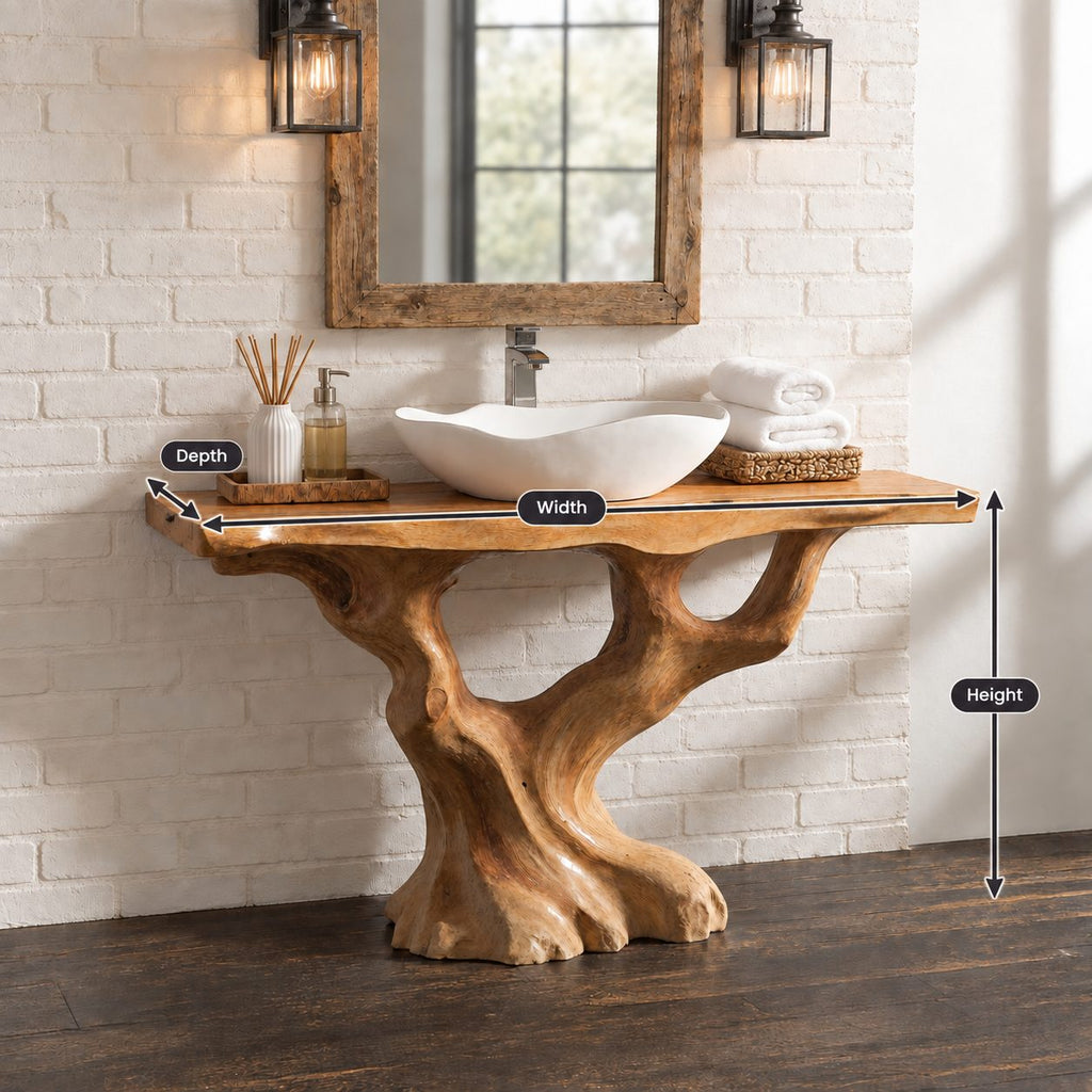 S-Curve Trunk Bathroom Vanity 30-80 Inch, Leaning Driftwood Base with Two Branch Arms, Live Edge Top