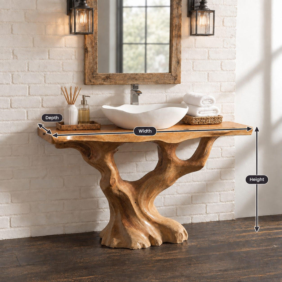 S-Curve Trunk Bathroom Vanity 30-80 Inch, Leaning Driftwood Base with Two Branch Arms, Live Edge Top