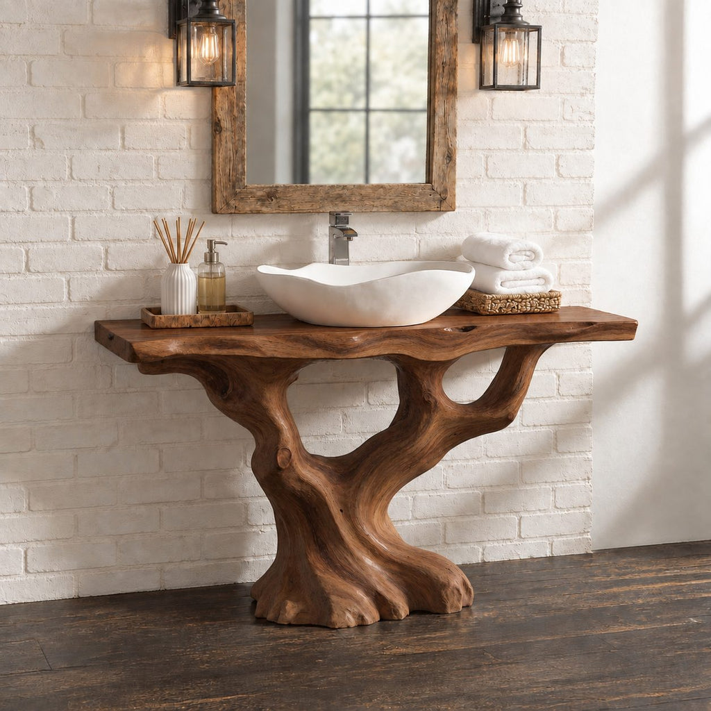 S-Curve Trunk Bathroom Vanity 30-80 Inch, Leaning Driftwood Base with Two Branch Arms, Live Edge Top