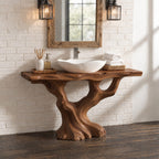 S-Curve Trunk Bathroom Vanity 30-80 Inch, Leaning Driftwood Base with Two Branch Arms, Live Edge Top