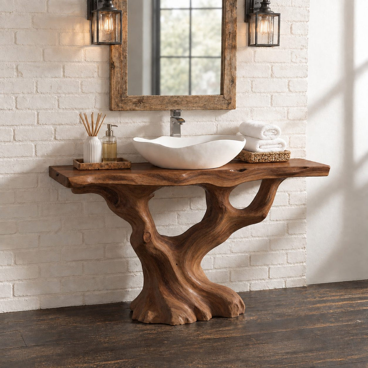S-Curve Trunk Bathroom Vanity 30-80 Inch, Leaning Driftwood Base with Two Branch Arms, Live Edge Top