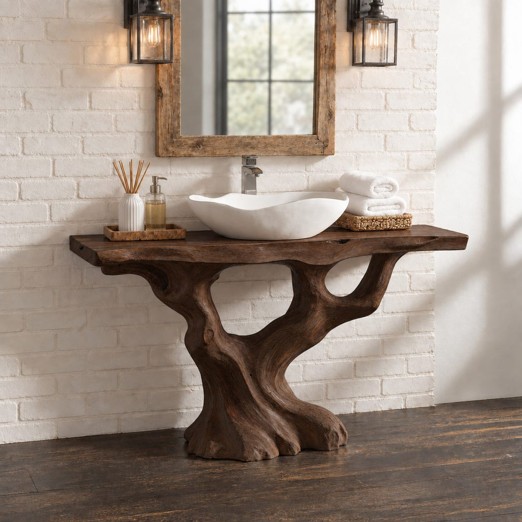 S-Curve Trunk Bathroom Vanity 30-80 Inch, Leaning Driftwood Base with Two Branch Arms, Live Edge Top