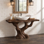 S-Curve Trunk Bathroom Vanity 30-80 Inch, Leaning Driftwood Base with Two Branch Arms, Live Edge Top