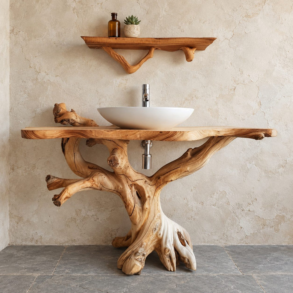 Gnarled Driftwood Bathroom Vanity 30-80 Inch, Knotty Branch Arms on a Root Foot with Live Edge Top