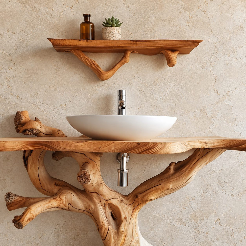 Gnarled Driftwood Bathroom Vanity 30-80 Inch, Knotty Branch Arms on a Root Foot with Live Edge Top