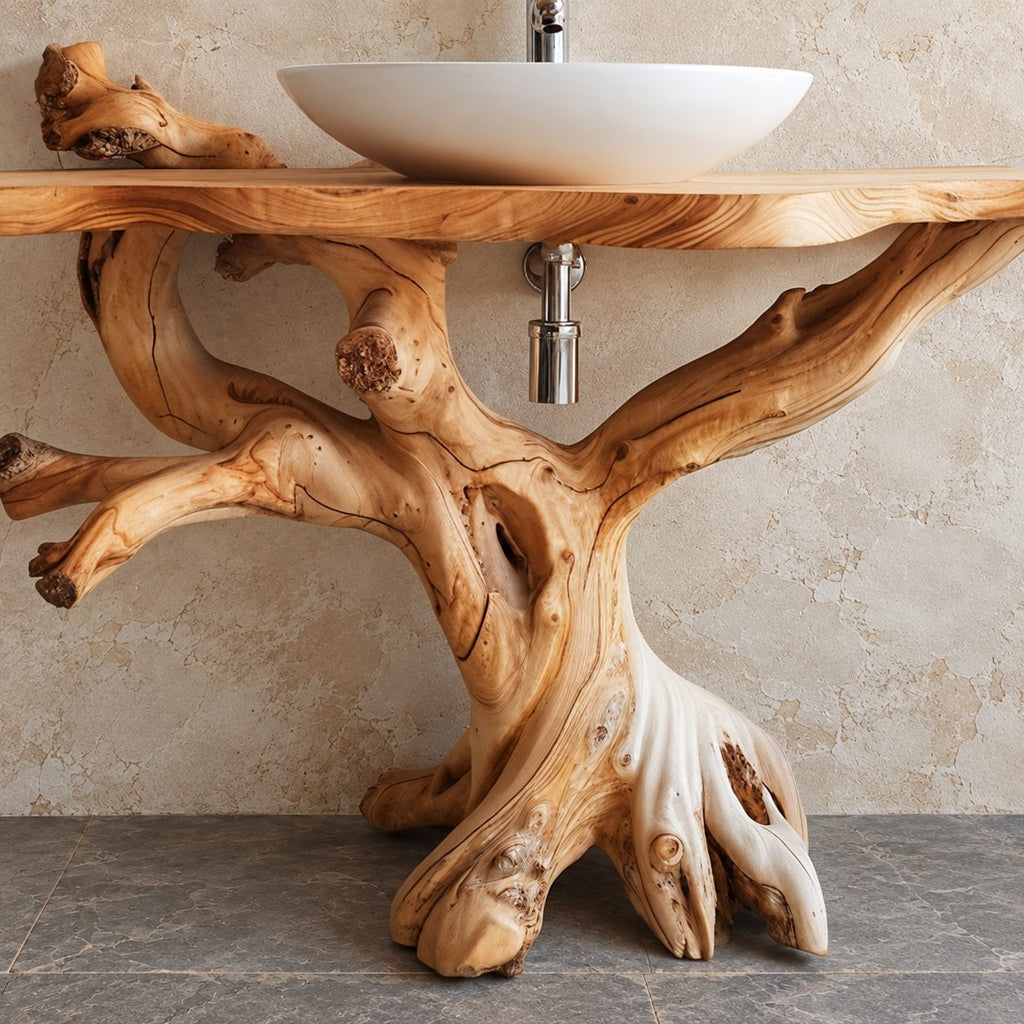 Gnarled Driftwood Bathroom Vanity 30-80 Inch, Knotty Branch Arms on a Root Foot with Live Edge Top