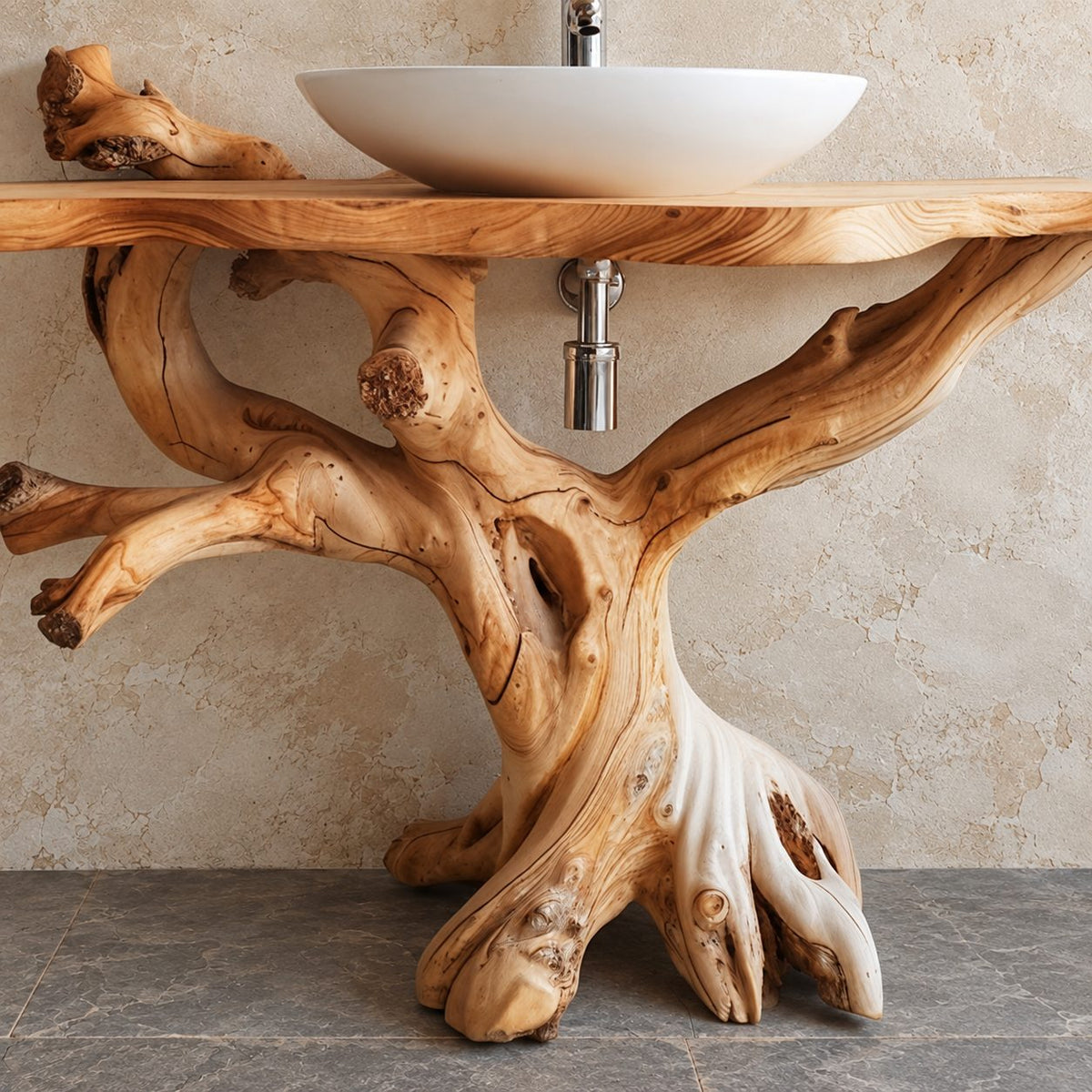 Gnarled Driftwood Bathroom Vanity 30-80 Inch, Knotty Branch Arms on a Root Foot with Live Edge Top