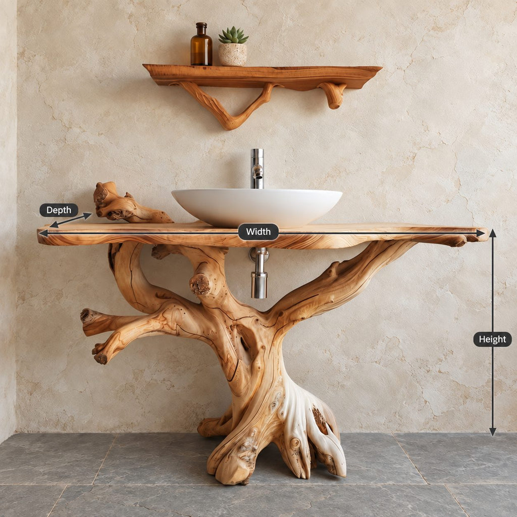 Gnarled Driftwood Bathroom Vanity 30-80 Inch, Knotty Branch Arms on a Root Foot with Live Edge Top