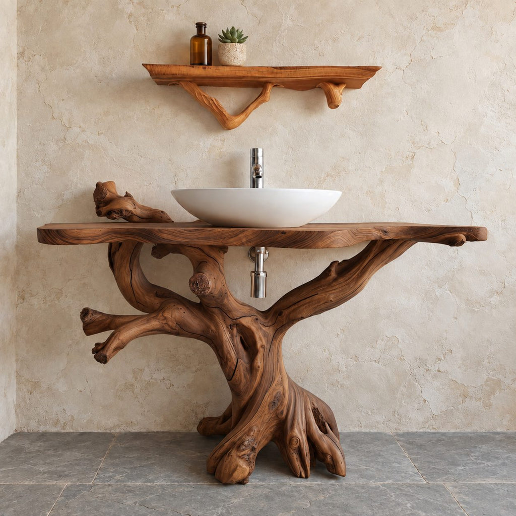 Gnarled Driftwood Bathroom Vanity 30-80 Inch, Knotty Branch Arms on a Root Foot with Live Edge Top