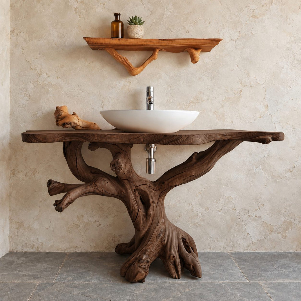 Gnarled Driftwood Bathroom Vanity 30-80 Inch, Knotty Branch Arms on a Root Foot with Live Edge Top